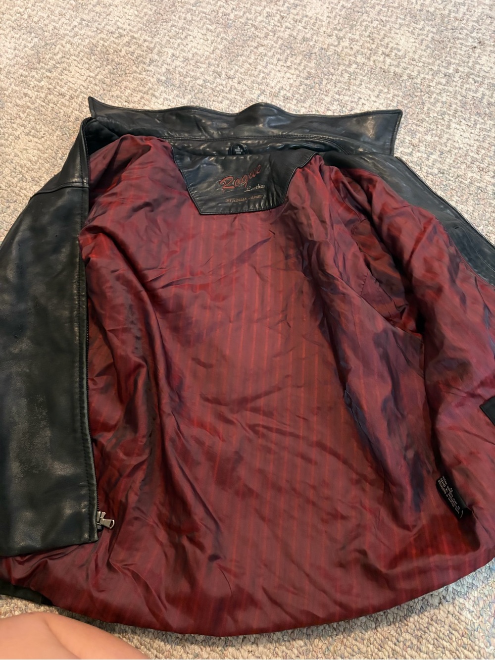 Rogue Black Leather Jacket with Deep Red Striped Lining